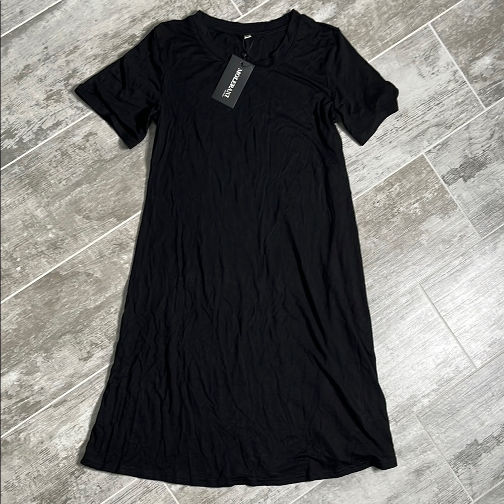 Black V-Neck Midi Dress with Cuffed Sleeves